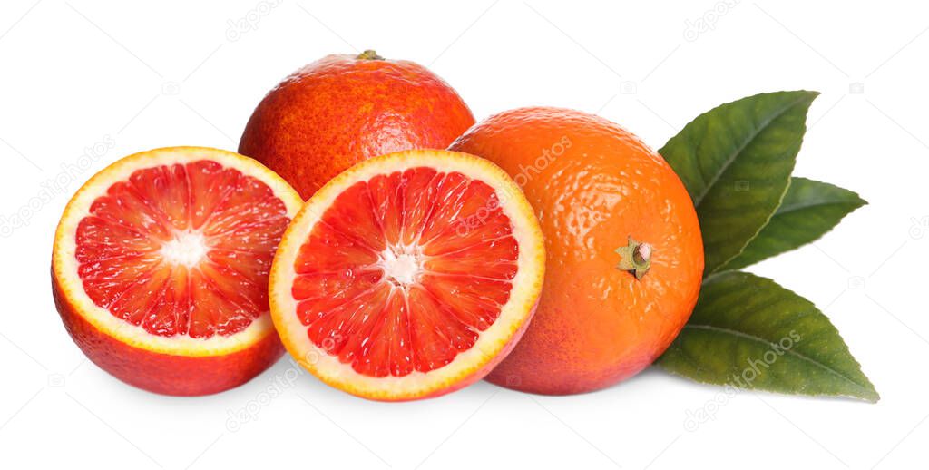 Delicious ripe red oranges on white background. Banner design