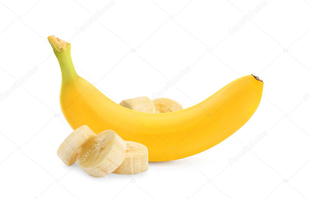 Delicious ripe banana and pieces on white background
