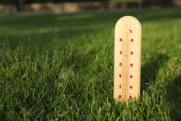 Thermometer Sticking Out Green Grass Outdoors Space Text — Stock Photo, Image