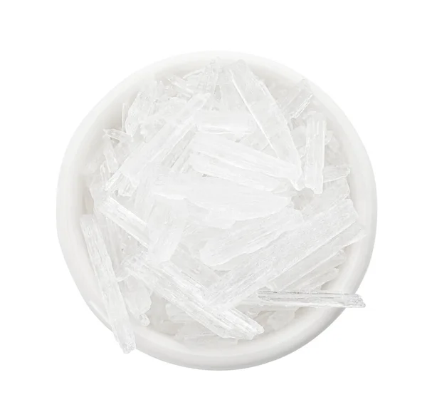 Cristalli Mentolo Ciotola Sfondo Bianco Vista Dall Alto — Foto Stock