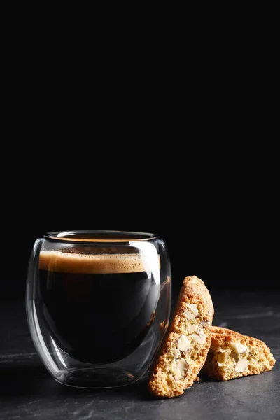 Tasty Cantucci Cup Aromatic Coffee Black Table Traditional Italian Almond — Stock Photo, Image