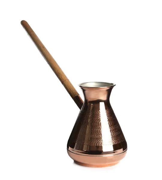 Beautiful Copper Turkish Coffee Pot Wooden Handle Isolated White Stock Picture