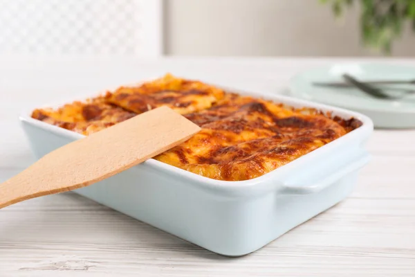 Tasty Cooked Lasagna Baking Dish White Wooden Table — Stock Photo, Image