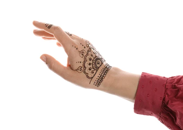 Woman Beautiful Henna Tattoo Hand White Background Closeup Traditional Mehndi — Stock Photo, Image