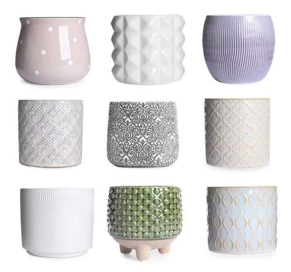 Conjunto Com Diferentes Vasos Cerâmica Elegantes Fundo Branco — Fotografia de Stock