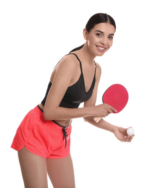 Hermosa Joven Con Raqueta Tenis Mesa Pelota Sobre Fondo Blanco — Foto de Stock