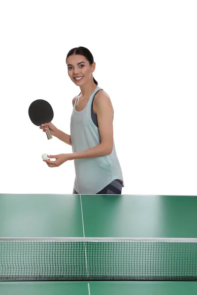 美しいです若いです女性遊びますPing Pong上の白い背景 — ストック写真