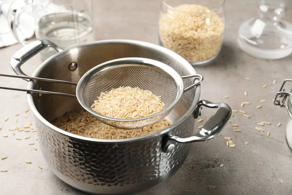 Sieve Rice Pot Grey Table — Stock Photo, Image