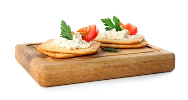 Delicious Crackers Cream Cheese Tomato Parsley White Background — Stock Photo, Image