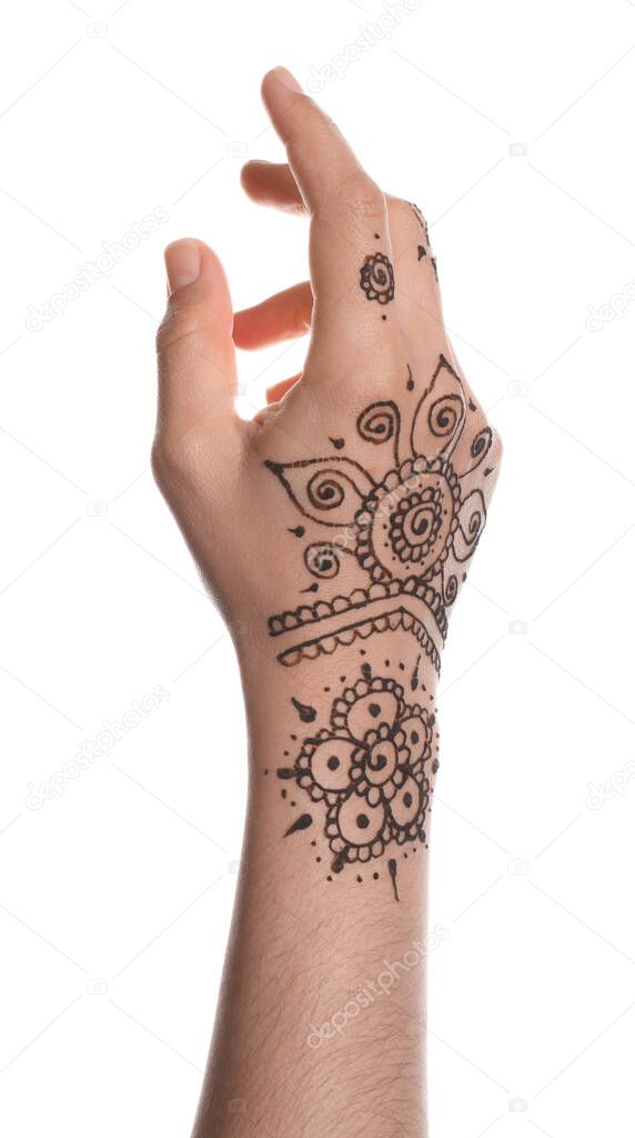 Woman with beautiful henna tattoo on hand against white background, closeup. Traditional mehndi