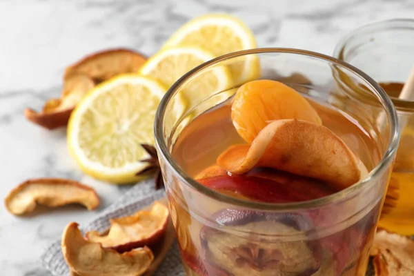 Delicious Compote Dried Fruits Glass Table Closeup Space Text — Stock Photo, Image