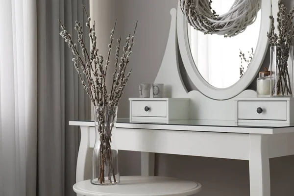 Elegant Dressing Table Decorated Pussy Willow Branches Indoors — Φωτογραφία Αρχείου