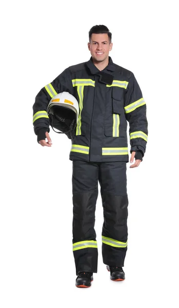 Full Length Portrait Firefighter Uniform Helmet White Background Royalty Free Stock Images