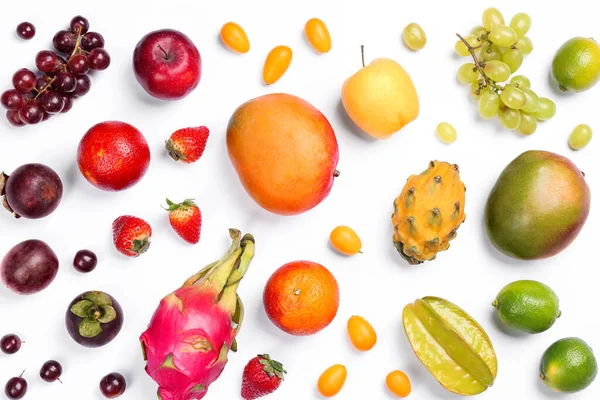 Muitas Frutas Exóticas Deliciosas Diferentes Fundo Branco Flat Lay — Fotografia de Stock