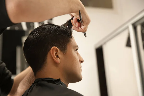 Professional Barber Making Stylish Haircut Salon Closeup Space Text — Stock Photo, Image