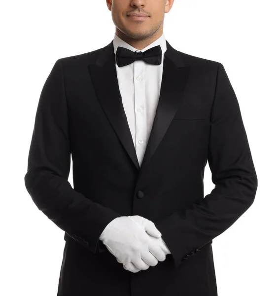 Mayordomo Elegante Uniforme Sobre Fondo Blanco Primer Plano —  Fotos de Stock