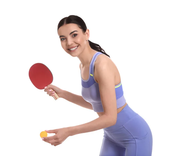 Красивая Девушка Ракеткой Настольного Тенниса Мячом Белом Фоне Пинг Понг — стоковое фото