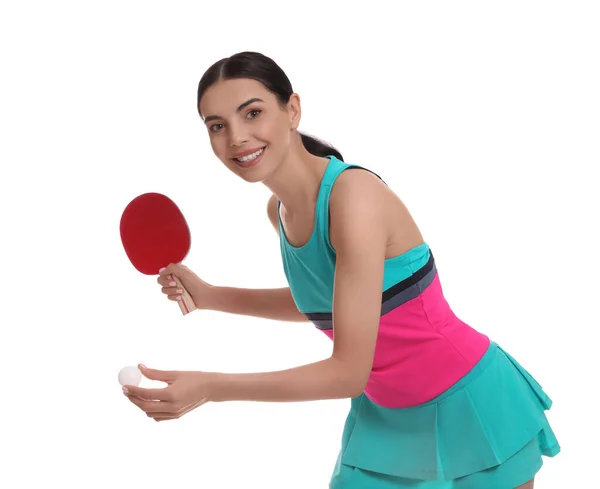 白い背景に卓球ラケットとボールを持つ美しい若い女性 ピンポン選手 — ストック写真