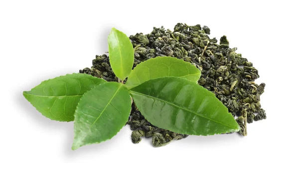 Trockener Grüner Tee Und Frische Blätter Auf Weißem Hintergrund — Stockfoto