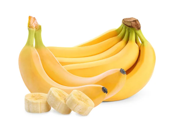 Läckra Mogna Bananer Och Bitar Vit Bakgrund — Stockfoto