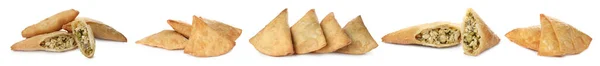 Set Mit Knusprigen Leckeren Samosas Auf Weißem Hintergrund Banner Design — Stockfoto