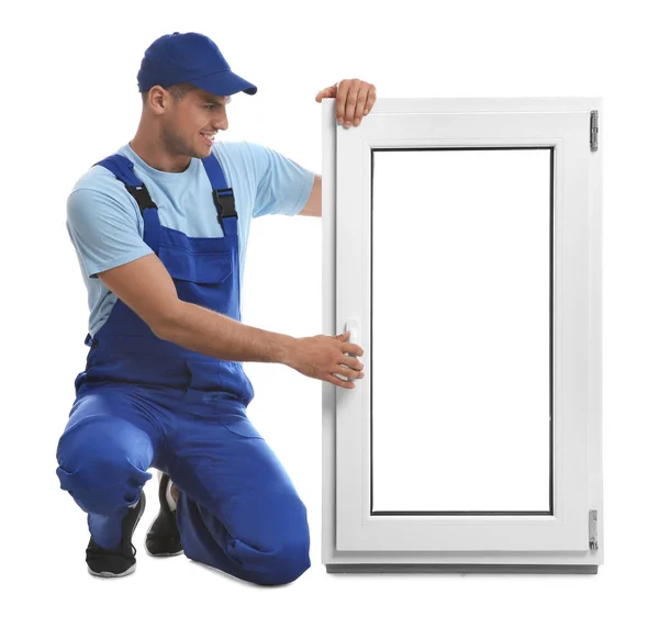 Worker Plastic Window White Background Installation Service — Stock Photo, Image