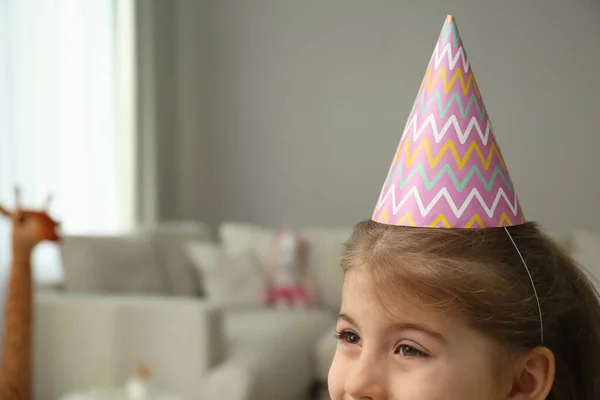 Cute Little Girl Wearing Party Hat Home Space Text — Stock Photo, Image