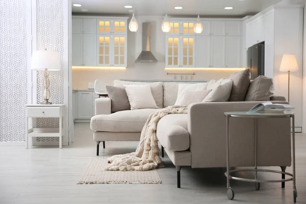 リビングルームとキッチンの間に快適なソファ付きのモダンなアパートのインテリア — ストック写真