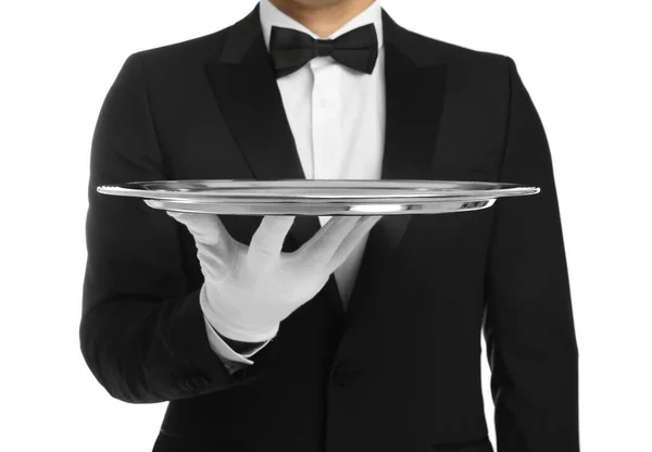 Elegante Butler Met Zilveren Dienblad Geïsoleerd Wit Close — Stockfoto