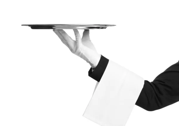 Elegant Butler Holding Silver Tray Isolated White Closeup — Stock Photo, Image