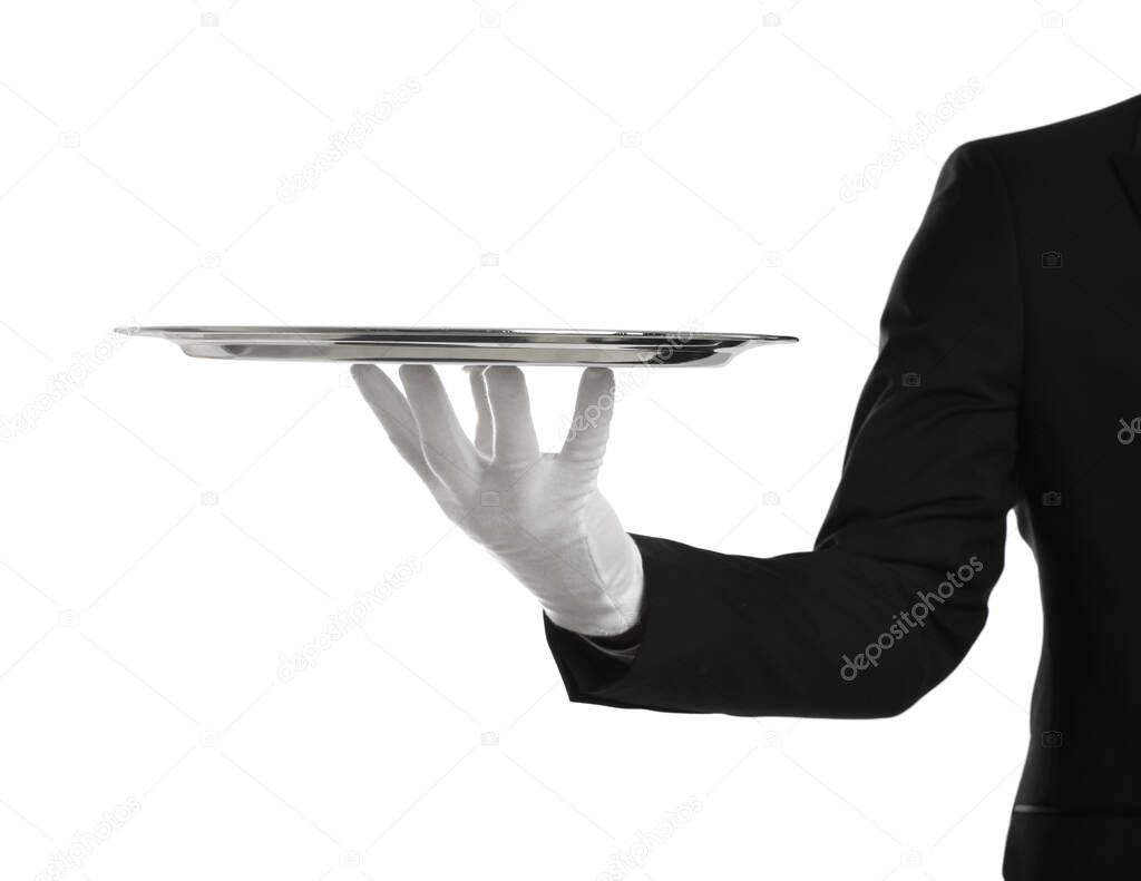 Elegant butler holding silver tray isolated on white, closeup