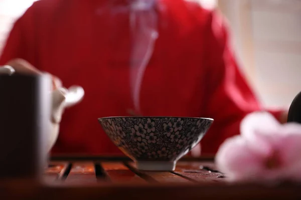 Steam Raising Cup Tray Traditional Tea Ceremony — Stock Photo, Image