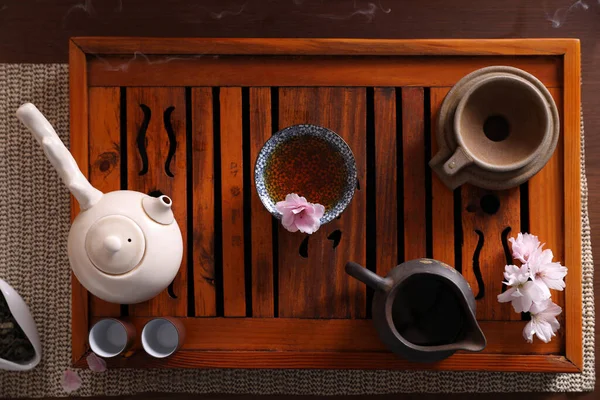 Wunderschönes Set Für Traditionelle Teezeremonie Auf Holztisch Flach Gelegt — Stockfoto