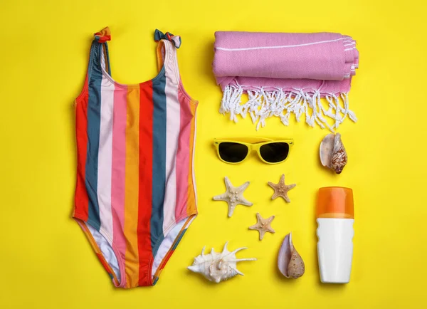 Flat Lay Composition Beach Accessories Yellow Background — Stock Photo, Image