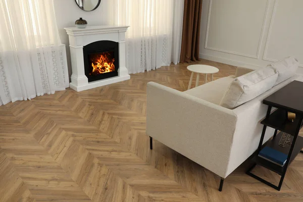 Moderno Salón Con Suelo Parquet Chimenea — Foto de Stock