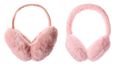 Stylish warm earmuffs on white background, collage. Banner design clipart