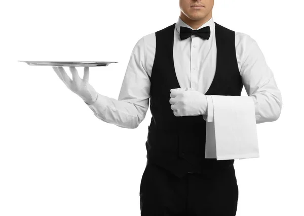 Eleganter Butler Mit Silbernem Tablett Auf Weißem Hintergrund Nahaufnahme — Stockfoto