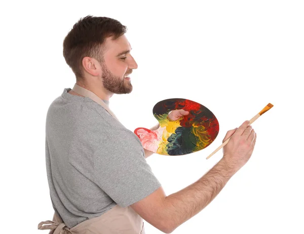 Hombre Pintando Con Pincel Sobre Fondo Blanco Joven Artista — Foto de Stock