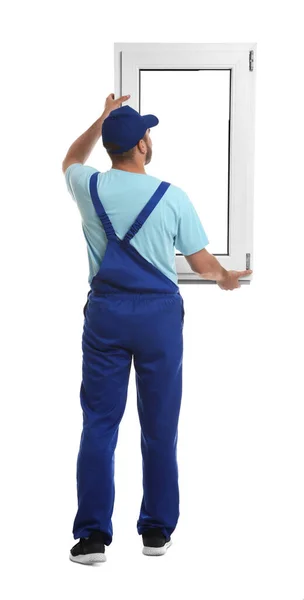 Trabajador Con Ventana Plástico Sobre Fondo Blanco Servicio Instalación —  Fotos de Stock