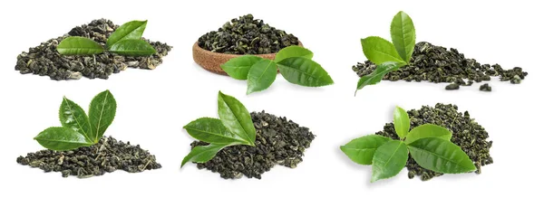 Trockener Grüner Tee Und Frische Blätter Auf Weißem Hintergrund Collage — Stockfoto