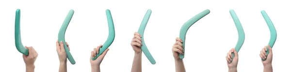 Collage Photos Women Holding Turquoise Boomerangs White Background Closeup Banner — Stock Photo, Image
