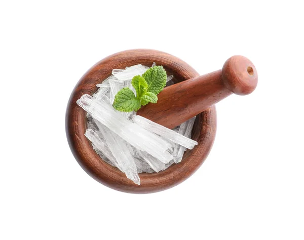 Menthol Crystals Mint Leaves White Background Top View — Stock Photo, Image