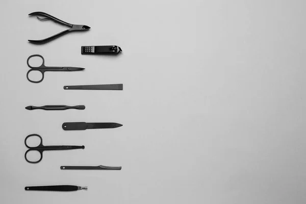 Set Manicure Tools Grey Background Flat Lay Space Text — Stock Photo, Image