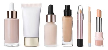 Beyaz arka planda farklı dekoratif kozmetik ürünleri ile set. Pankart tasarımı