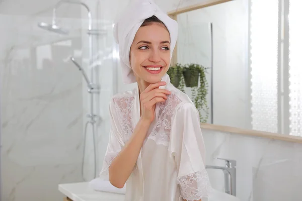 Beautiful Young Woman Hair Wrapped Towel Washing Home — Stock Photo, Image