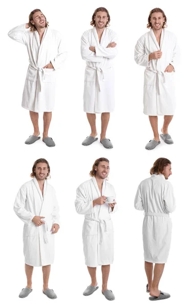 Man Met Badjas Witte Achtergrond Collage — Stockfoto