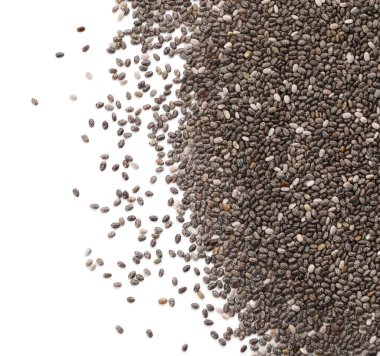 Beyaz arkaplanda chia çekirdekleri yığını, üst görünüm