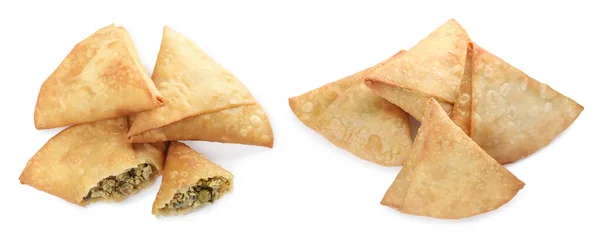 Ropogós Finom Samosa Fehér Háttérrel Kollázs Bannertervezés — Stock Fotó