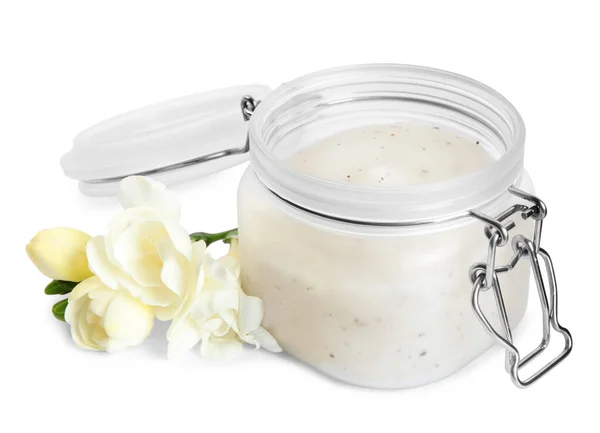 Jar Exfoliating Salt Scrub Freesia Flowers White Background — Stock Photo, Image