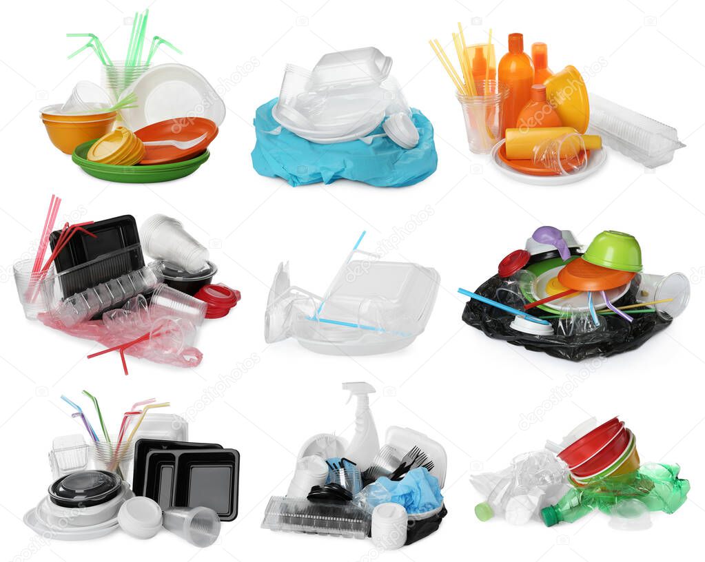 Set with different plastic items on white background